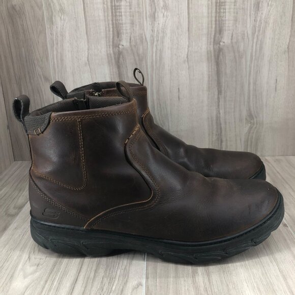 Skechers Ankle Boots Mens 13 Korver Brown Leather Zip Relax Fit Shoes - Picture 1 of 11